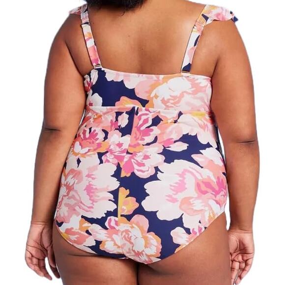Kona Sol Swimsuit One-Piece Women’s Size 20 Floral Print Ruched Adjustable Strap - Picture 2 of 10